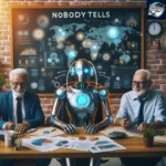 Esta página mostra um robô entre dois idosos e no fundo escrito NOBODY TELLS em referencia à Isso ninguem te conta