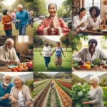 o que é envelhecimento saudável? mostra Imagem de uma idosa praticando yoga em um ambiente natural: "Mulher idosa praticando yoga em um parque, representando práticas saudáveis de envelhecimento. Um Guia Global para a Longevidade e Práticas Culturalmente Relevantes. idosas com diversas frutas sobre a mesa.. idosos caminhando em uma lavoura