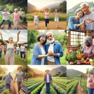imagens de idosos caminhando ao ar livre, praticando ioga . idosos caminhando em uma lavoura no campo