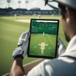 Uma partida de críquete com jogadores usando a tecnologia DRS, mostrando o processo de revisão de decisões e as vantagens que isso traz para o jogo.