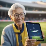 Representação de idosos: apresente um idoso sorridente interagindo com um dispositivo (como um tablet ou smartphone) enquanto assiste a uma partida de críquete, enfatizando a acessibilidade. Você Não Vai Acreditar Como É Fácil para Idosos Acompanhar o Placar de Críquete