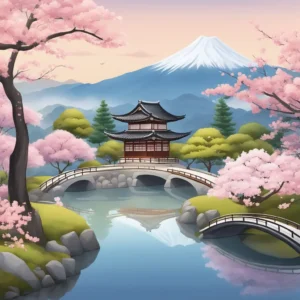 A serene Japanese garden with cherry blossom trees and traditional Korean architecture under a clear blue sky. A peaceful atmosphere with a sense of harmony and longevity