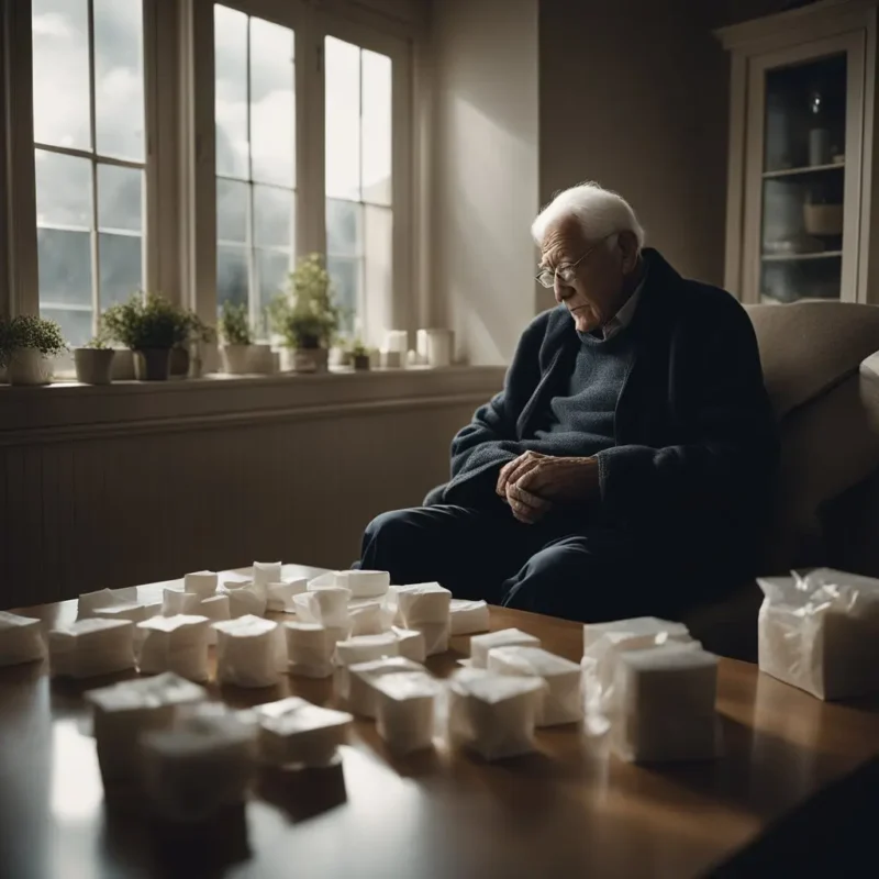 Uma pessoa idosa sentada sozinha em uma sala mal iluminada, cercada por lenços de papel e remédios para tosse. Do lado de fora, uma tempestade se forma, simbolizando o impacto das mudanças climáticas em sua saúde. Isso faz referencia à idosos em risco