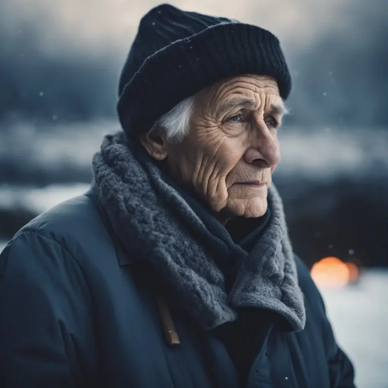 Uma pessoa idosa agasalhada em roupas quentes, tremendo enquanto está cercada por nuvens escuras e tempestuosas e um termômetro mostrando uma alta temperatura. Isso faz referencia à idosos em risco