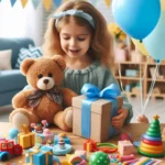 Esta página mostra uma menina com um ursinho na mão e uma mesa rodeada de presentes e referência aos melhores brinquedos para o dia das criança