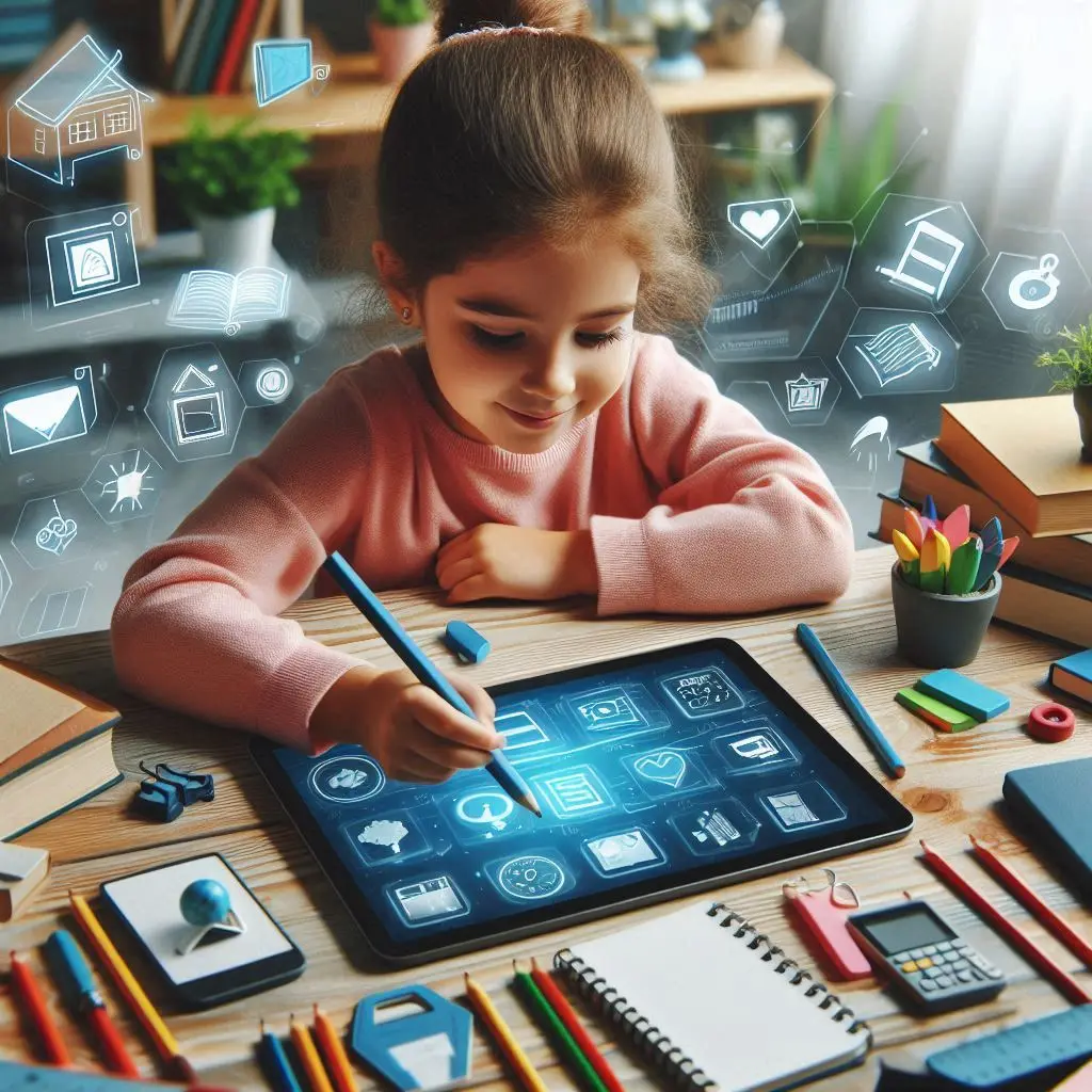 Esta página mostra uma criança utilizando um tablet sobre uma mesa com diversos objetos espalhado na mesa em referencia ao artigo Artigo sobre o uso da tecnologia na educação infantil: Benefícios e Desafios para o Aprendizado Moderno