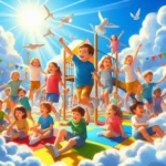 Esta página mostra um grupo de criança brincando em um parque de diversão e pombos branco voando. No fundo um ceu azul e varias nuvens branca em referencia ao artigo Dia das Crianças: Celebrações e Significado no Brasil