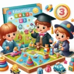 ESta pagina mostra um tabuleiro com varios brinquedos e tres criança de 3 anos ao redor. o texto faz referencia ao artigo Jogos Educativos 3 Anos: Aprendendo Brincando de Forma Divertida