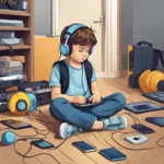Esta página mostra uma criança sentada no chãoutilizando um fone de ouvido e com vários gadgets eletrônicos espalhados pelo chão en referêcia ao artigo Relação entre smartphones e saúde mental infantil: entendendo o impacto das telas na infância.