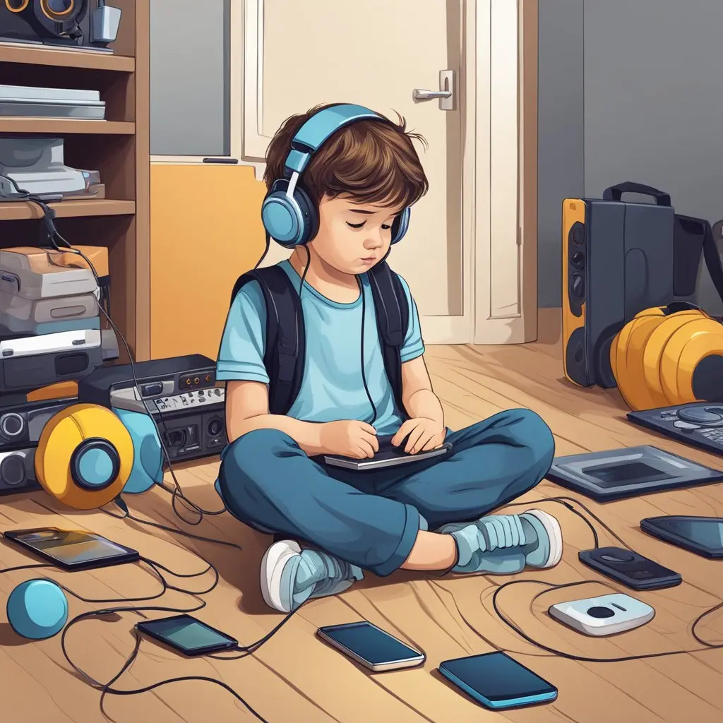 Esta página mostra uma criança sentada no chãoutilizando um fone de ouvido e com vários gadgets eletrônicos espalhados pelo chão en referêcia ao artigo Relação entre smartphones e saúde mental infantil: entendendo o impacto das telas na infância.