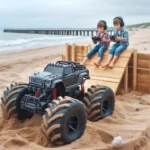 Esta página mostra duas crianças brincando na praia com um carrinho de controle remoto grande em uma pista com obstáculos