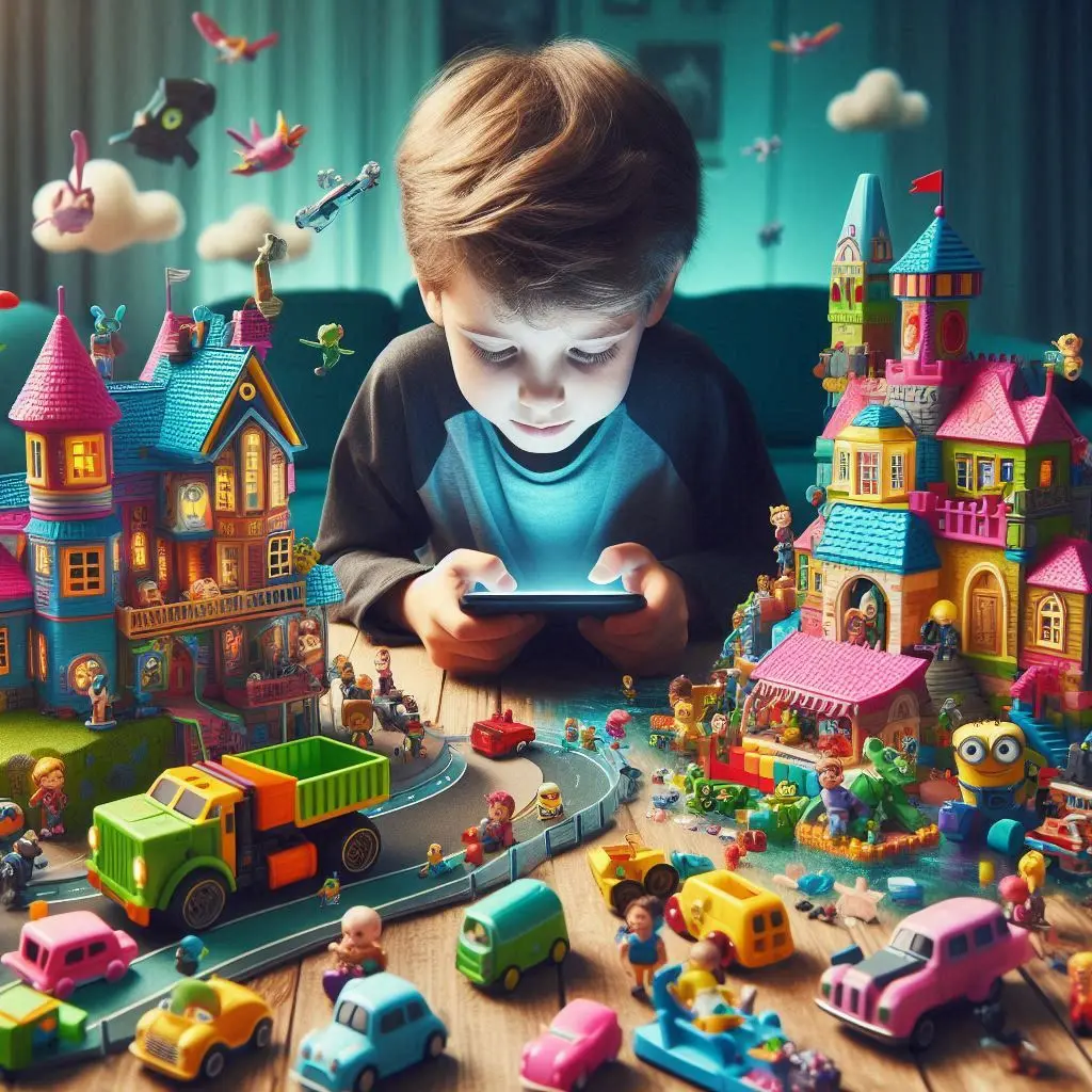 Esta página mostra uma criança rodeada de brinquedos e olhando apenas para o smartphone em referência ao artigo Smartphones na Infância: O Impacto Dual das Telas na Vida das Crianças