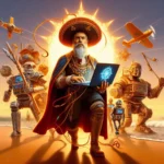 Esta página mostra um homem com chapéu e um computador na mão, ao lado de dois robôs em referencia às aventuras de seu Joaquim: o rei da tecnologia