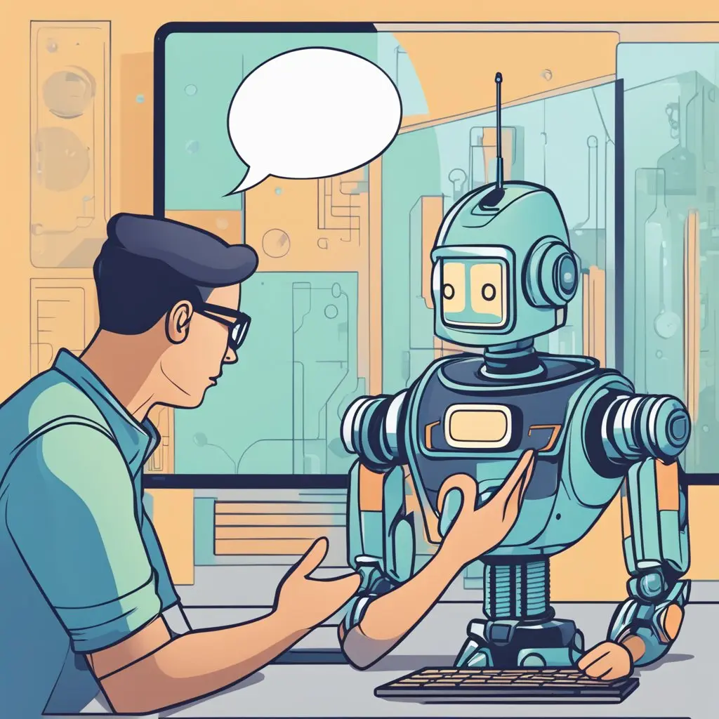 Esta página mostra um a ilustrção de um homem conversando com um robô em referencia ao artigo Botconversas: Como Usar Bots para Melhorar o Atendimento ao Cliente