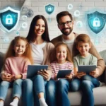 Esta página mostra um pai , uma mãe e 3 filhos com um tablet na mão sendo supervisionado pelos pais em referência ao artigo Proteger seus filhos na era digital