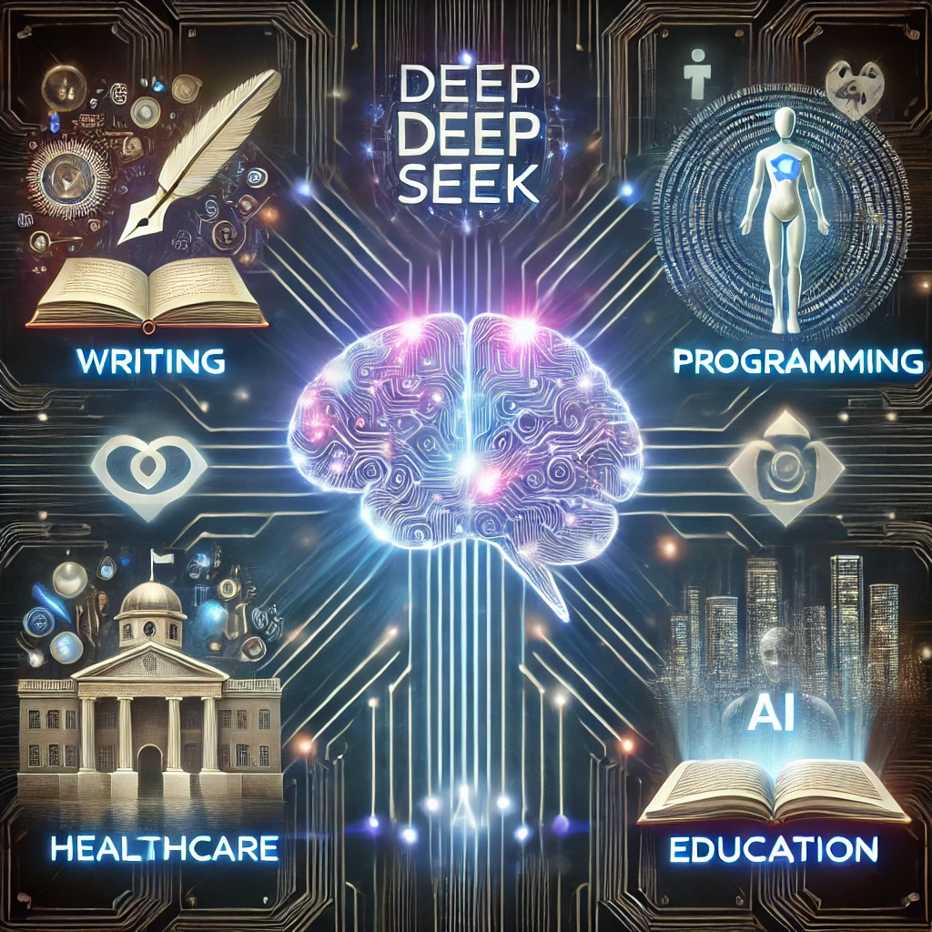 Esta página mostra uma imagem com a palavra DEEPSEEK interligando varias áreas, educação, escrita, programação e cuidado com a saúde em referencia ao artigo DeepSeek Como Essa Nova IA Revolucionária Está Moldando o Futuro da Tecnologia e da Sociedade