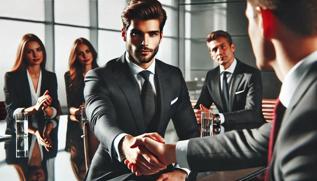 está página retrata um executivo confiante, liderando a conversa com firmeza e foco, características essenciais desse perfil, em referencia ao artigo Como Identificar o Perfil Dominante D: Guia completo com Exemplos e Perguntas Estratégicas