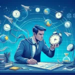 Esta página mostra um homem escrevendo em uma planilha sobre a mesa , um despertador na mão e vários relógios circulando em referência ao artigo Como Vencer a Procrastinação: 3 Estratégias Científicas para Agir com Consistência (Guia Prático)