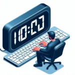 Esta página mostra uma pessoa trabalhando em um computador e um relógio digital grande sobre a mesa, representando a técnica pomodoro em referência ao artigo Domine a Técnica Pomodoro: Aumente sua Produtividade e Reduza o Esgotamento