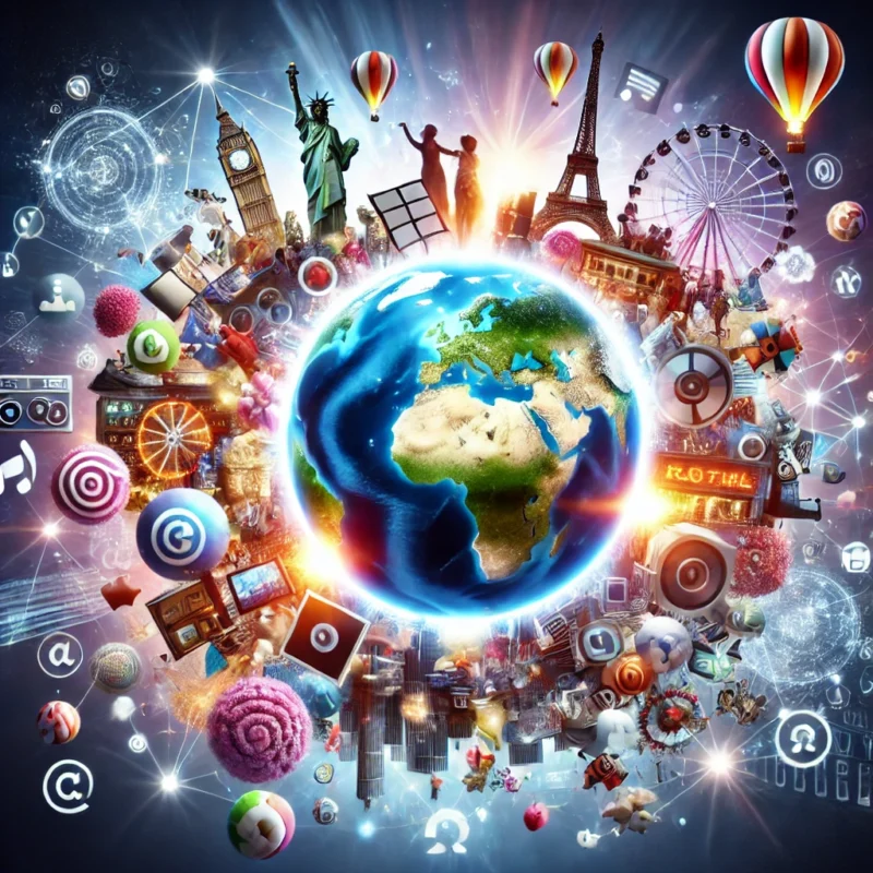 Esta página mostra Pessoas conectadas por redes digitais, destacando a difusão cultural. Cores suaves e um estilo inspirador para enfatizar a persuasão sutil do soft power em referência ao artigo Soft Power na Prática: Como Países Conquistam Corações e Mercados no Século XXI