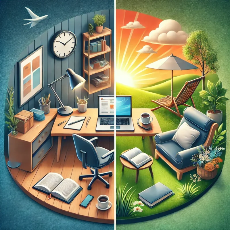 Esta página mostra uma ilustração conceitual representando o equilíbrio entre trabalho e descanso em referência ao artigo Esforço Inteligente: Estratégias para Alcançar Resultados Sustentáveis sem Desgaste