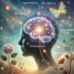 Uma imagem conceitual e edificante ilustrando o poder do Neurovocabulário. Mostre uma silhueta humana ou perfil com um cérebro brilhante conectado por neurvocabulários em referencia ao artigo A Importância do Neurovocabulário na Ressignificação Pessoal