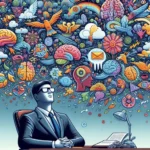 Está página mostra um homem pensando e olhando para o alto com várias imagens de cérebro e em referência ao artigo Neurovocabulário: Como as Palavras Moldam Seu Cérebro e Influenciam Sucesso e Felicidade