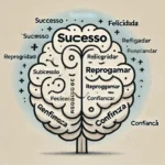 Essa página mostra uma ilustração moderna e limpa de um cérebro com palavras como 'sucesso', 'felicidade', 'reprogramar', 'confiança' flutuando ao redor ou saindo dele. Reprograme seu cérebro