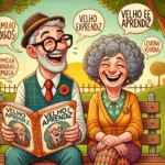 Esta página mostras um velho com um livro aberto nas mãos ao lado de um avelhe em referencia ao artigo VelhoeAprendiz: Humor Inteligente para a Terceira Idade Que Não Perde a Piada