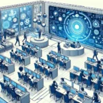 Esta págimna mostra uma sala de aula do futuro com varios computadores na sala e um grande telão interativo na frente e referência ao artigo :Sala do Futuro: Conheça o Modelo que Está Transformando o Ensino no Brasil com Inovação e Tecnologia