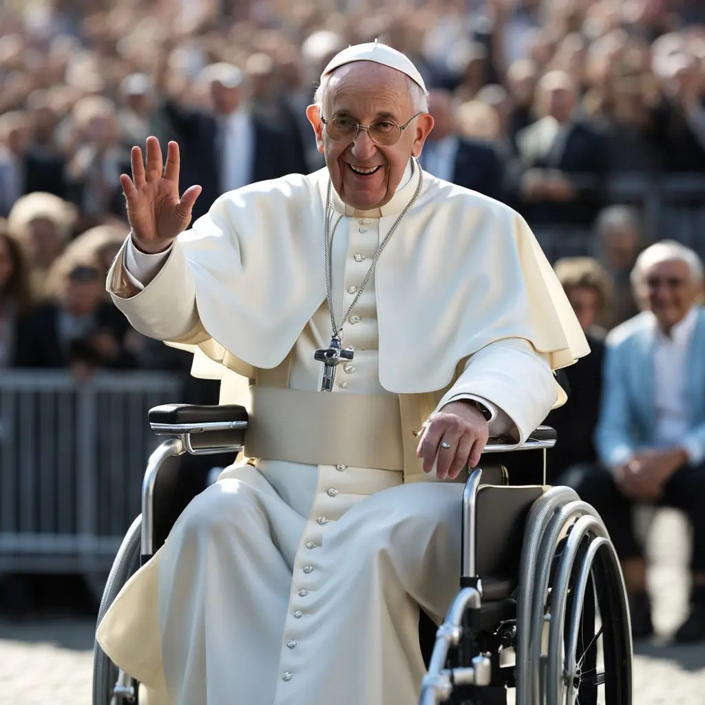 Esta página mostra o papa francisco sentado em uma cadeeira de rodas em referencia ao artigo Envelhecer com Propósito: As Lições de Vida do Papa Francisco