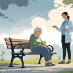 ESta págima mostra uma ilustração de uma idosa sentada em um banco e uma agente de saúde consolando, em referência ao artigo:Depressão na terceira idade:Identificando Sinais e Buscando Ajuda de Forma Eficaz