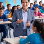 Esta página mostra uma professora na sala de aula sorridente e nenhum aluno utilizando celular. em referência ao artigo: proibição de celulares nas escolas