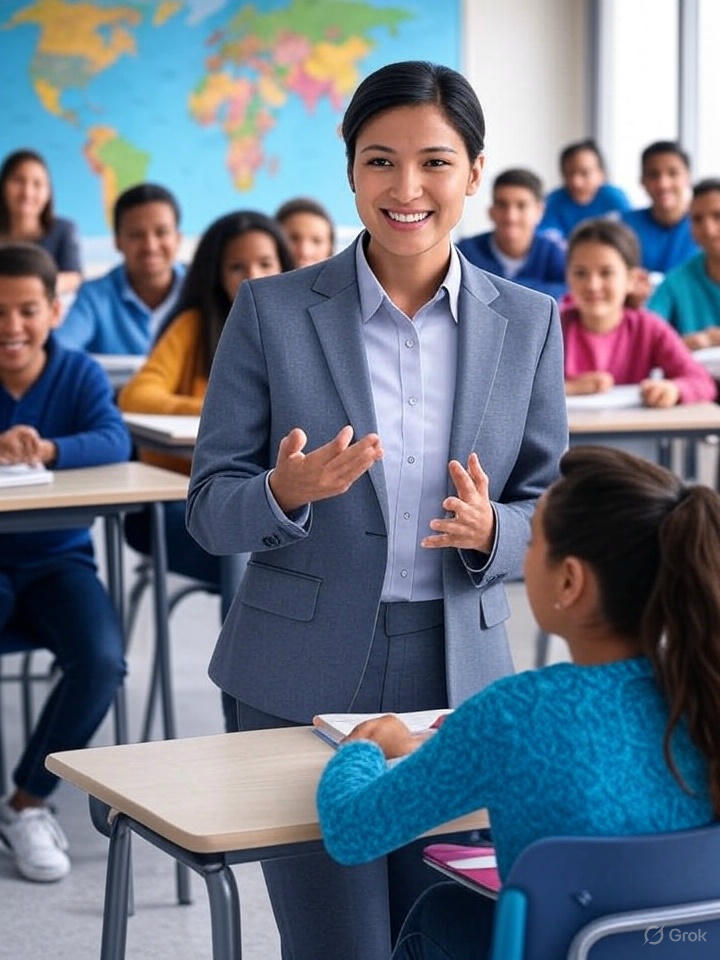 Esta página mostra uma professora na sala de aula sorridente e nenhum aluno utilizando celular. em referência ao artigo: proibição de celulares nas escolas