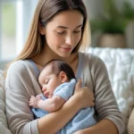 esta página mostra uma mulher com uma criancinha no colo e preocupada, em referência ao artigo:Queda de Cabelo Pós-Parto: Guia Definitivo