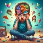 Esta página mostra uma criança sentada com as mãos na cabeça e chorando e varios imagens da infancia na cabeça em referência ao artigo Criança Interior Ferida: Como a Cura Emocional Pode Transformar Sua Vida