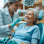 Imagem de uma senhora idosa em uma cadeira de dentista sendo tratada por uma dentista: em referência ao artigo Como Manter a Saúde Bucal na Terceira Idade.
