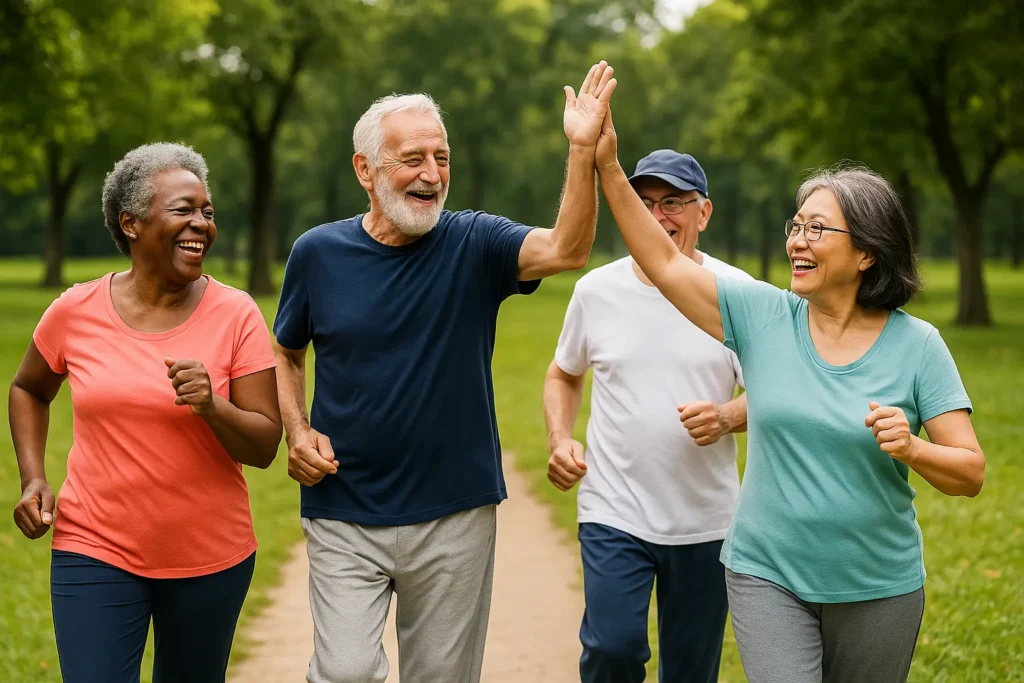 Imagem de idosos felizes e ao fundo um bosque com arvores e grama verde em referência ao artigo:Gerontologia A Ciência que Vai Decidir Como Você Vai Envelhecer
