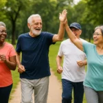Imagem de idosos felizes e ao fundo um bosque com arvores e grama verde em referência ao artigo:Gerontologia A Ciência que Vai Decidir Como Você Vai Envelhecer