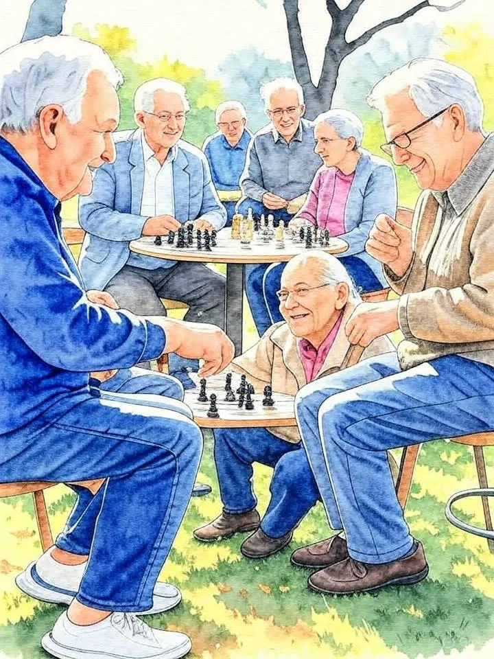 imagem de idosos se divertindo jogando xadrez na praça em referência ao artigo:Gerontologia Para Idosos Ativos: 5 Benefícios Essenciais para Melhorar a Qualidade de Vida