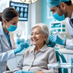 Imagem de uma idosa em uma cadeira de dentista sendo tratado por uma dentista e um dentista em referencia ao artigo. Cuidando da Saúde Bucal na Velhice: Guia Essencial para Manter Sorriso Saudável e Confortável