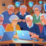 Idosos usando dispositivos digitais com expressões confiantes em um ambiente doméstico seguro, com símbolos sutis de segurança digital ao redor.