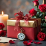 Uma caixa de presente embrulhada com fita, carta de amor vintage, relógio de bolso, rosas vermelhas, pétalas de rosa e uma vela acesa dispostos sobre uma mesa.