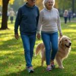 Imagem de um idoso e uma idosa caminhando em um parque com tênis confortáveis para idosos