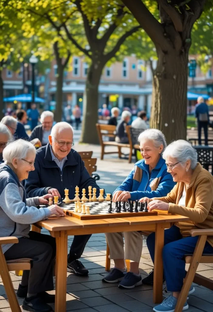 imagem de idosos se divertindo jogando xadrez na praça em referência ao artigo:Gerontologia Para Idosos Ativos: 5 Benefícios Essenciais para Melhorar a Qualidade de Vida