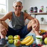Idoso sorridente cercado por frutas e suplementos naturais, ilustrando o tema 'O Que Tomar Depois do Treino