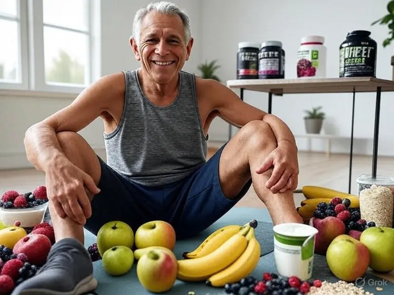 Idoso sorridente cercado por frutas e suplementos naturais, ilustrando o tema 'O Que Tomar Depois do Treino