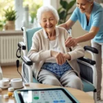 Imagem de uma senhora com idade avançada sendo em uma cadeira de rodas e sendo cuidada por uma jovem, Em referêcia ao artigo:Produtos para cuidar de idosos: os 10 mais úteis para facilitar o dia a dia