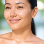 Imagem de uma mulher , pele clara, acima de 50 anos e poucas rugas na expressão