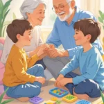 imagem de avós que apoiam netos neurodiversos interagindo e brincando. imagem avô,avó e dois netos